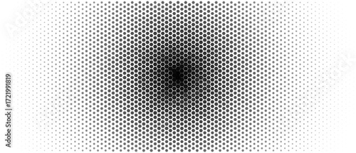 Abstract Halftone Hexagon Background, Monochrome Honeycomb Tunnel Fading To Dotted Gradient With Central Focus And Copy Space. Modern Geometric Tech Style. Vector Illustration
