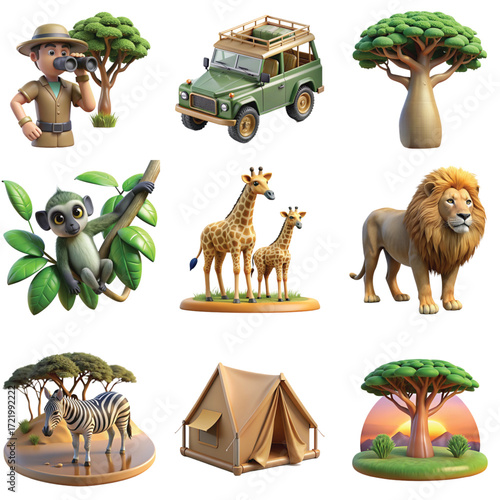 Set of 3d safari icons isolated on transparent background, african animals and adventure equipment collection