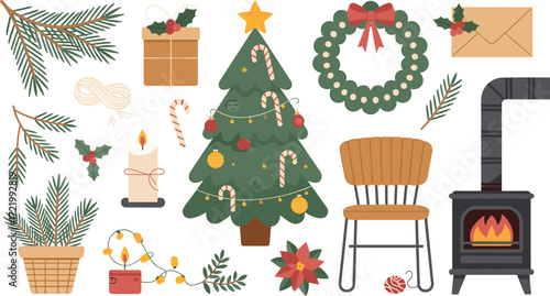 Christmas decoration elements, holiday tree, wreath, fireplace, cozy winter home interior vector illustration