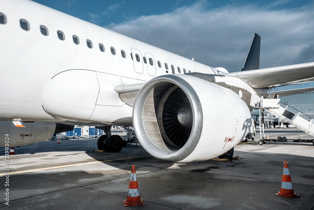 Fototapeta premium Aircraft engine close-up showcasing intricate details and powerful design, positioned on tarmac with safety cones, highlighting aviation technology and engineering excellence