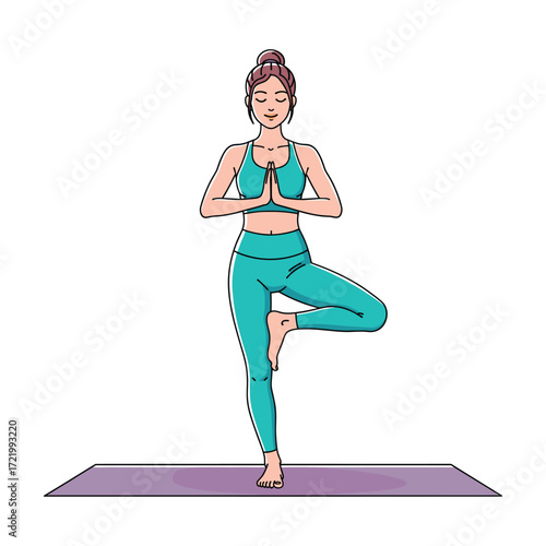 High-Quality Flat Vector Illustration: Woman in Tree Pose Yoga, Teal Outfit