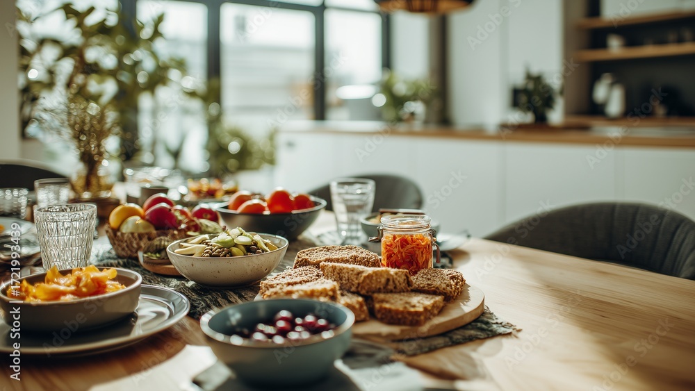 Naklejka premium A gourmet combo set featuring an avocado & salmon whole grain burger, quinoa salad, and fresh green juice, styled in a clean modern minimal setting.