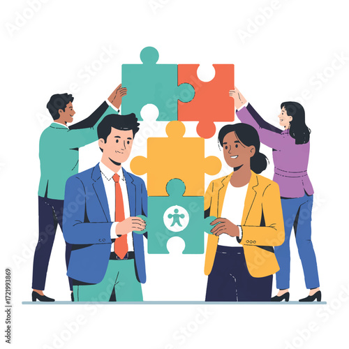 Vector art of business team assembling jigsaw puzzle concept of teamwork, collaboration, partnership, strategy, success, solution
