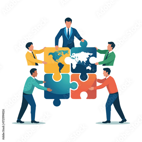 Vector art of business team assembling jigsaw puzzle with world map concept of teamwork, collaboration, partnership, strategy