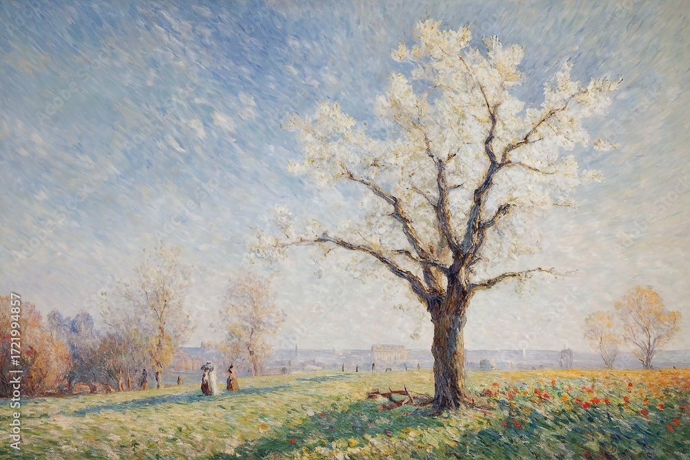 Fototapeta premium Serene Spring Landscape Vibrant Blooming Flowers Majestic Tree Gentle Breeze Leisurely Strolls Golden Light