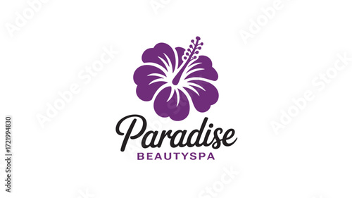 Paradise beauty spa logo with purple hibiscus flower and elegant script text