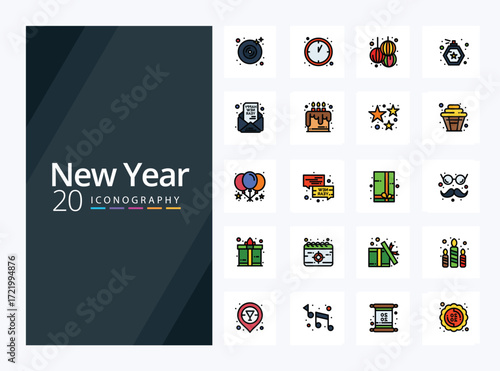 New year 2025 iconography with various festive symbols and icons