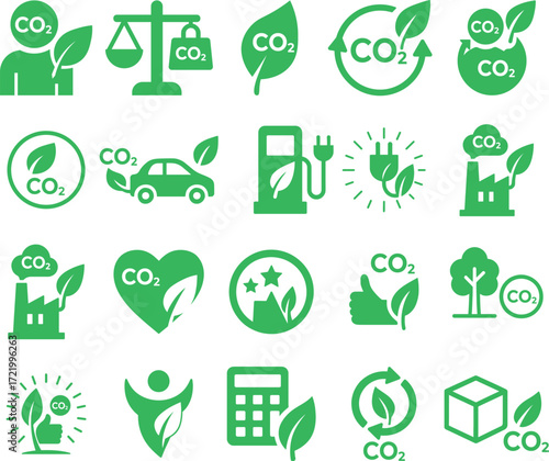 Eco-Friendly CO₂ Reduction Symbols, Carbon Neutral Icon Set