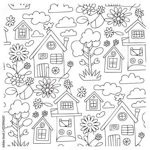 Vector art of hand drawn houses and flowers seamless pattern cute village repeating background for coloring book or textile