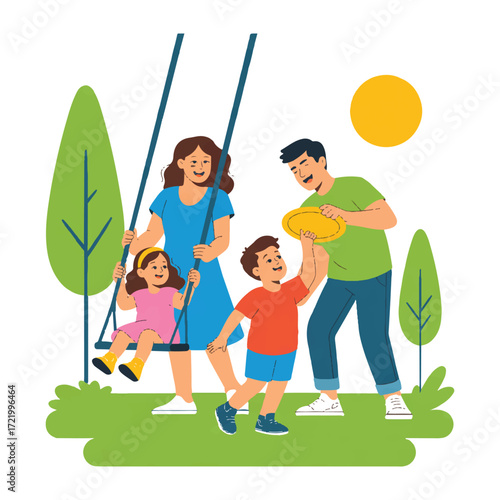 Vector art of happy family playing in the park with a swing and frisbee, enjoying quality time together