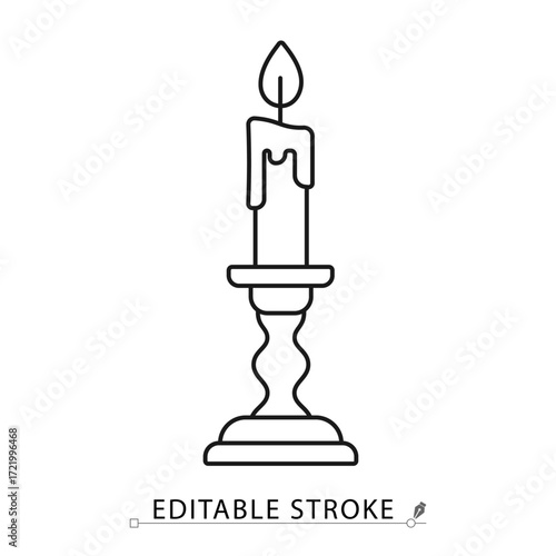 A candle in a candlestick icon in a minimalist line style with editable stroke. Vintage light source, halloween decoration, magic ritual object, spooky horror illumination, retro decor.