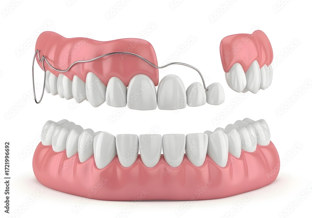 Fototapeta premium A set of dentures with a metal wire and pink gums displayed on a white background in a studio shot