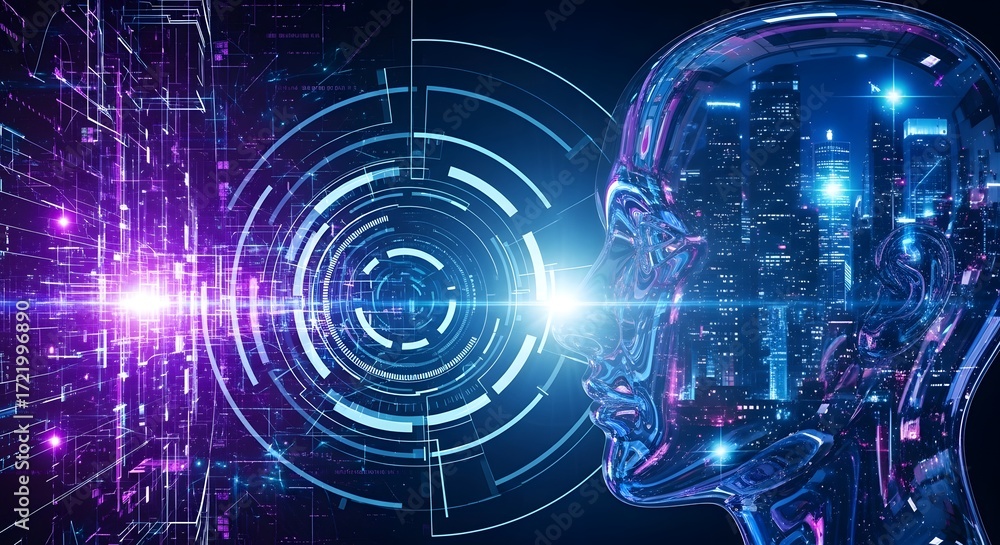 Fototapeta premium Artificial intelligence head with city skyline and digital grid overlay in blue and purple tones