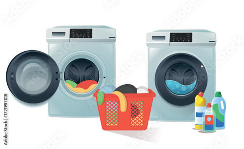  View of a modern stainless steel machines in a laundromat or laundrette. Public laundry with multiple washing machines a a laundry basket and washing powder. Frontal view, one door open. Cartoon.