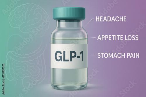 GLP 1 drug weight loss side effect headache appetite loss stomach pain illustrated vial with medical background
