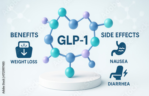 GLP 1 molecule illustration highlighting drug benefits and weight loss and side effect information showing nausea and diarrhea in clinical concept image