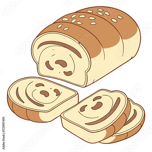 Sliced Loaf of Bread with Sesame Seeds on White Background Keywords: bread, loaf, sliced, sesame seeds
