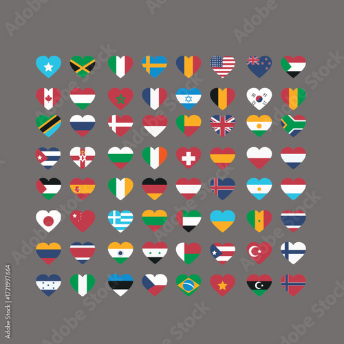 Collection of heartshaped national flags from around the world