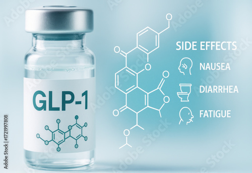 GLP 1 drug weight loss side effect infographic showing medication vial molecular formula nausea diarrhea fatigue healthy concept