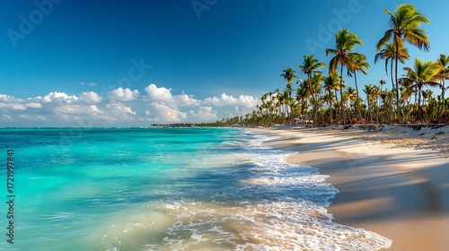 High quality image of beautiful tropical beach with palm trees and turquoise water in punta cana.