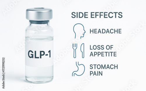 Glp 1 drug weight loss side effect bottle with medical vial and side effects list showing headache loss of appetite stomach pain in clinical concept image