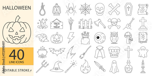 A set of halloween line icons in a minimalist style with editable stroke. Spooky party collection, horror graphic elements, scary trick or treat symbols, ghost, pumpkin, skull, spider icons.