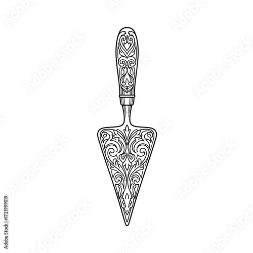 Decorative garden trowel with ornate handle and pointed blade  