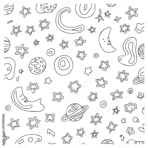 Vector art of seamless pattern with space elements hand drawn space pattern with planet, star, moon and comet