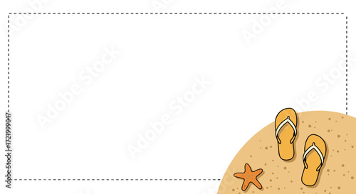 Beach scene with flip-flops and starfish on sand background  