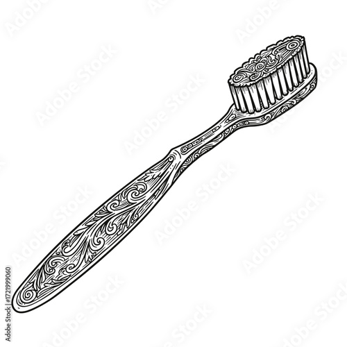 Ornate toothbrush with detailed design and bristles on white background  