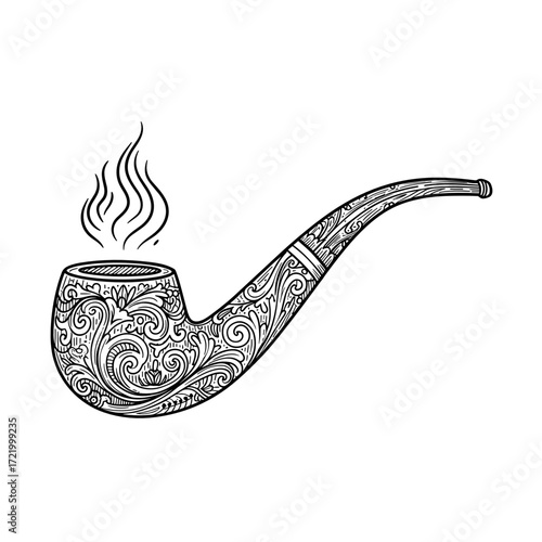 Ornate smoking pipe with swirling patterns and smoke rising  