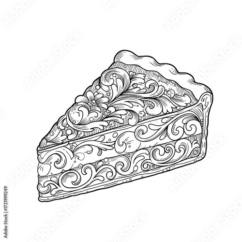 Decorative slice of cake with intricate designs in black and white  