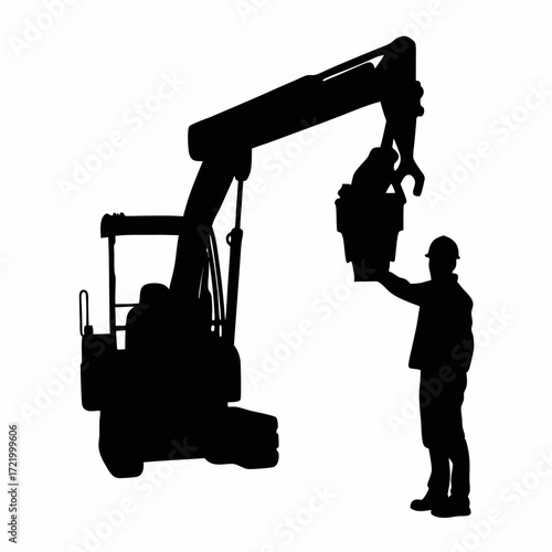Construction Crane with Worker Silhouette Vector