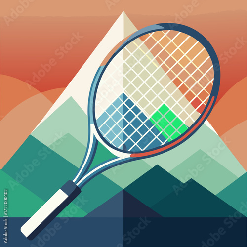 Tennis Racket with Mountain Background