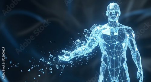 Holographic figure of a man with polygonal mesh and shattering effect against dark background