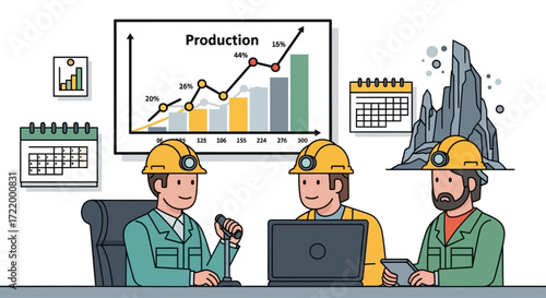 Mining team analyzes production data using laptop and charts.