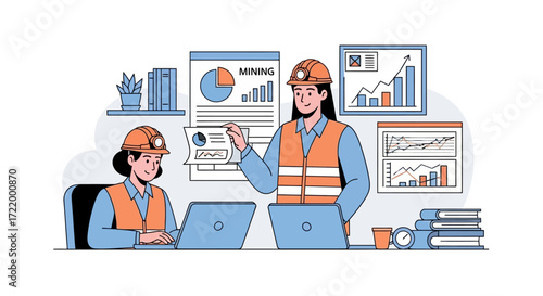 Two female mining engineers analyze data on laptops.