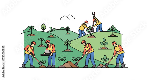 Team of workers planting trees on a hillside.