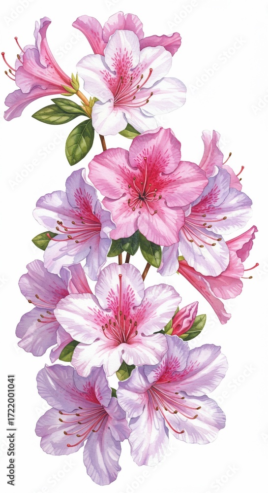 Obraz premium Blossoming Azalea: A captivating illustration of delicate azalea blossoms in full bloom, showcasing vibrant pink and white petals, a celebration of nature's artistry.