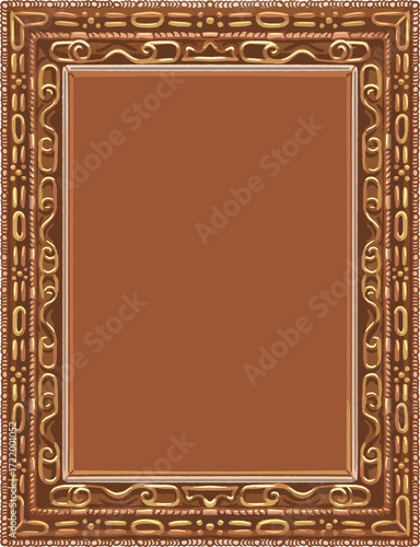 Ornately decorated rectangular frame with a brown interior
