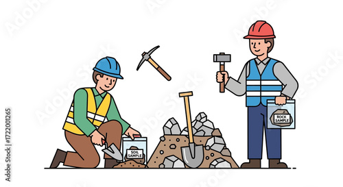 Two construction workers excavating, using tools and collecting samples.