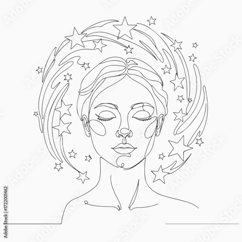 Dreamy Face with Stars Line Art