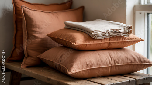Cozy terracotta cushions and linen stacked on a rustic wooden bench by a window