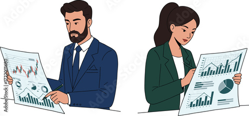 Businessman analyzing report, businesswoman reviewing financial data, corporate teamwork, business charts, financial growth, office management, executive strategy, business success