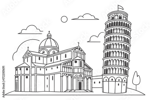 Pisa cathedral and leaning tower line drawing landmark travel italy architecture