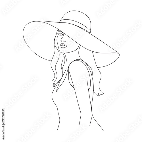 Stylish Woman in Wide Hat Line Art