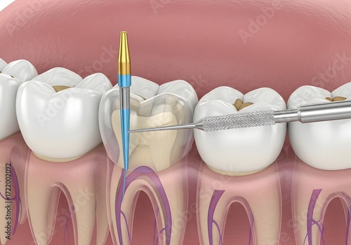 Dental procedure illustration showing a root canal treatment with dental instruments used clearly