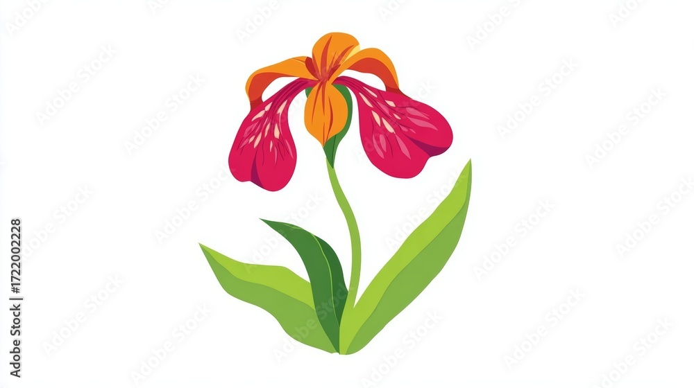 Obraz premium Illustration of a vibrant flower with red petals and orange center, accompanied by green leaves.