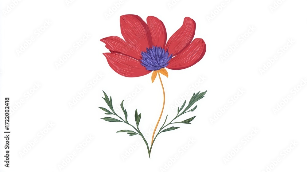 Obraz premium A vibrant red flower with a deep blue center, green leaves, and a slender stem, illustrated on a clean white background.