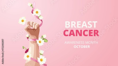 Breast cancer awareness month motion graphic design on pink background with text and ribbon decoration